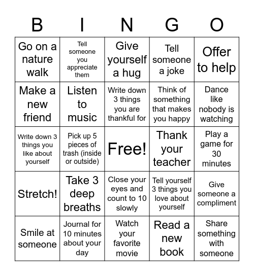 Social/Emotional Bingo Card