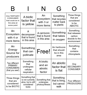 Ecosystem Scavenger Hunt Bingo Card