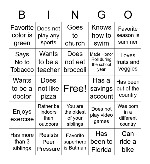 All About Me Bingo Card