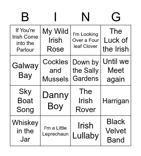Irish Song Bingo Card