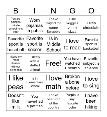 All About Me Bingo Card