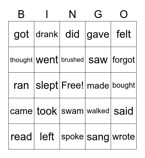 Past Tense Verbs Bingo Card