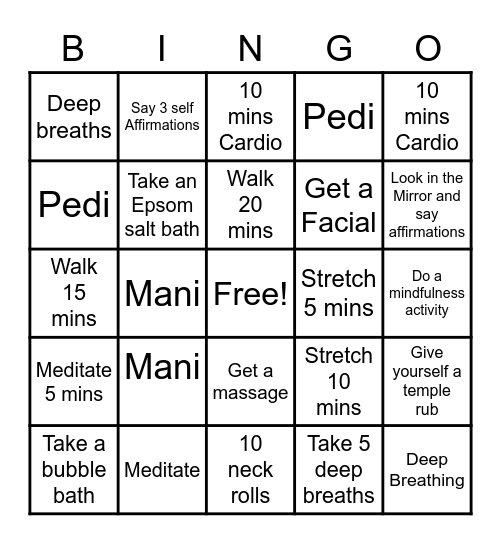 Self Care Bingo Card