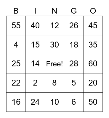Multiplication Bingo Card