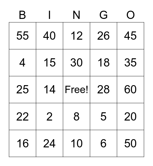 Multiplication Bingo Card