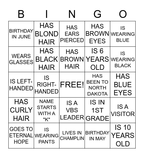GET TO KNOW YOUR VBS FRIENDS BINGO Card