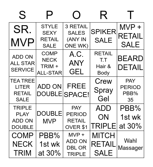 Sportclips Bingo Card