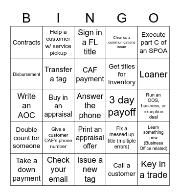 BOA Bingo            Name:_________ Bingo Card