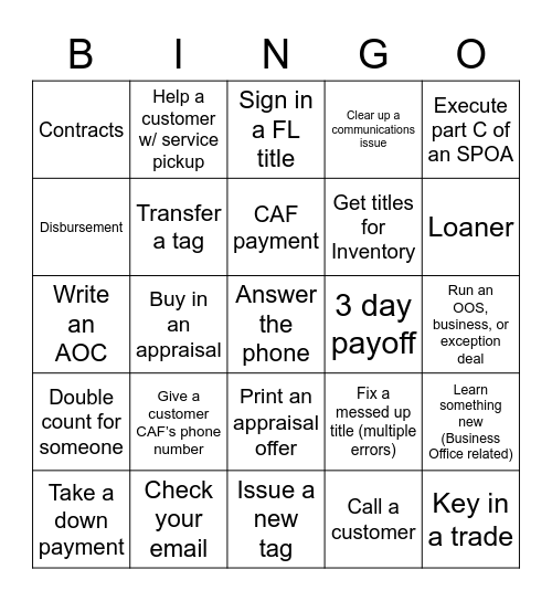 BOA Bingo            Name:_________ Bingo Card