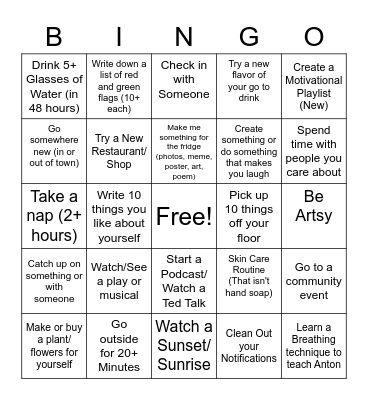Spring Break Self Care Bingo Card