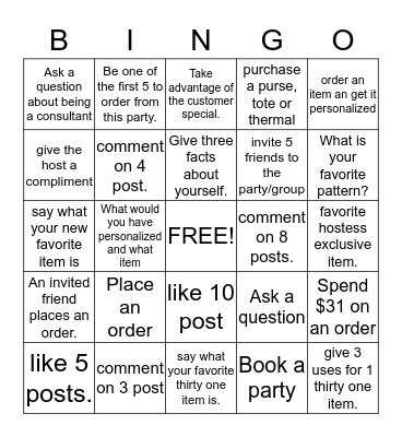 Thirty One Bingo Card