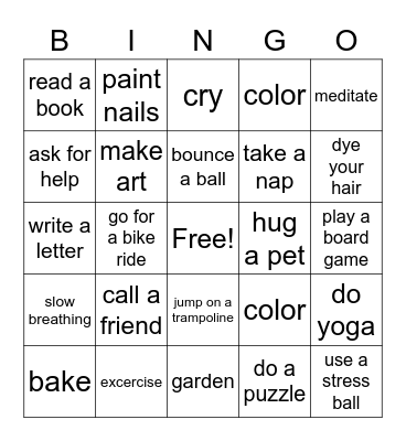 Stress Coping Skills Bingo Card