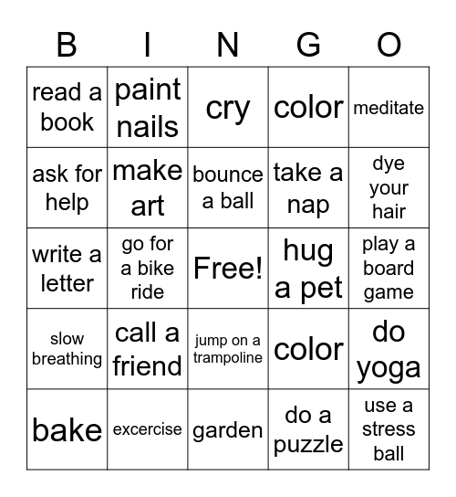 Stress Coping Skills Bingo Card