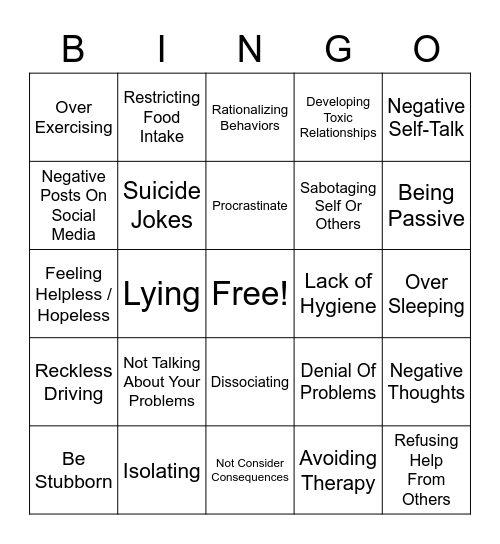 Unhealthy Coping Mechanism Bingo Card