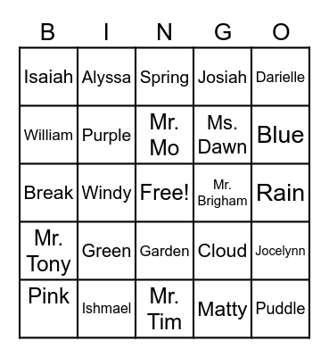 Spelling word Bingo Card