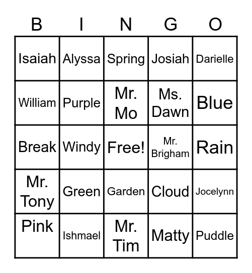 Spelling word Bingo Card