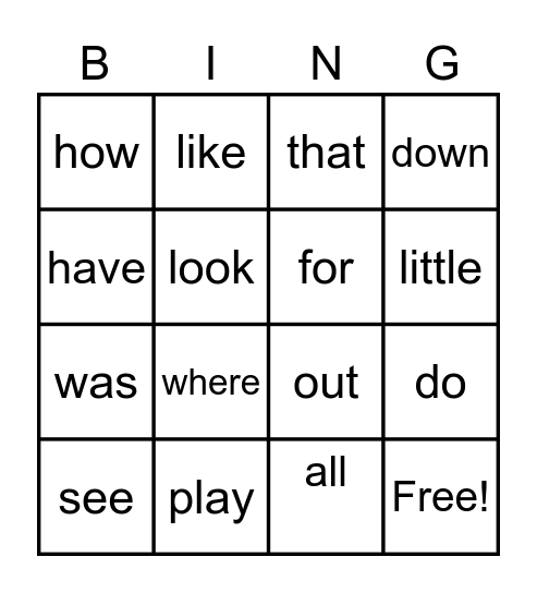 Sight Word Bingo Card