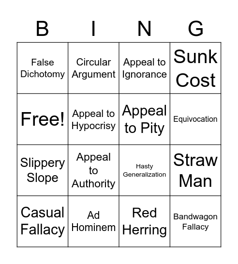 Logical Fallacy Bingo Card