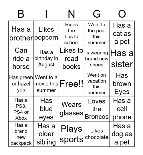 Back to School Bingo Card