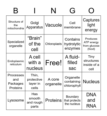 Cell Parts Bingo Card