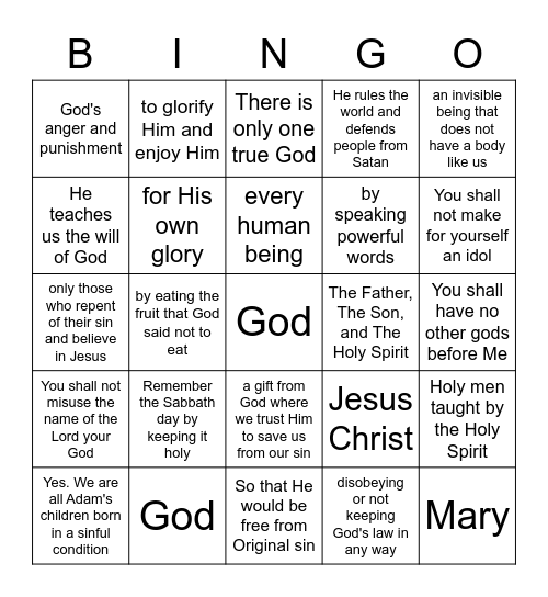 Catechism Club Bingo Card