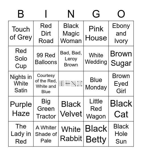 Songs with Colors in the Title Bingo Card