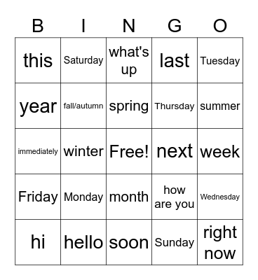 Lesson One Bingo Card