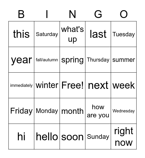 Lesson One Bingo Card