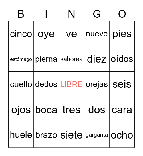 Cuerpo, Sentidos, Números (no pictures) Bingo Card