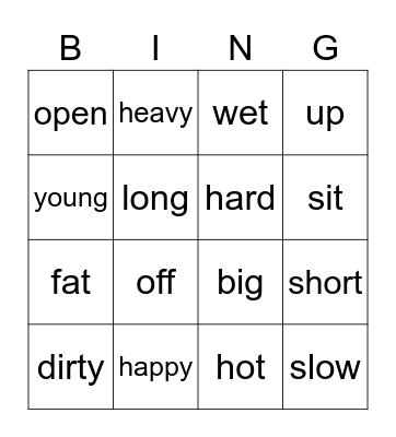 Opposites Bingo Card