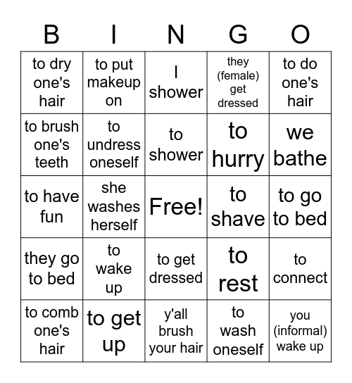Reflexive Verbs 2 Bingo Card