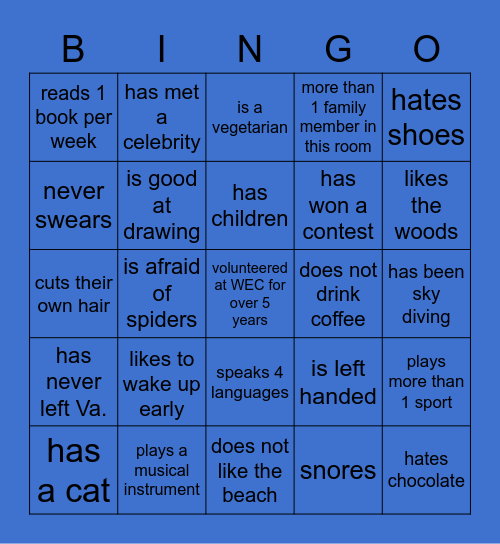 Get to know other WEC Kids Volunteers! Bingo Card