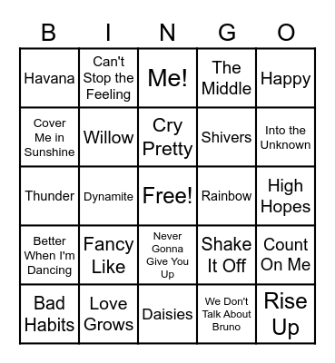 Pop Song BINGO Card