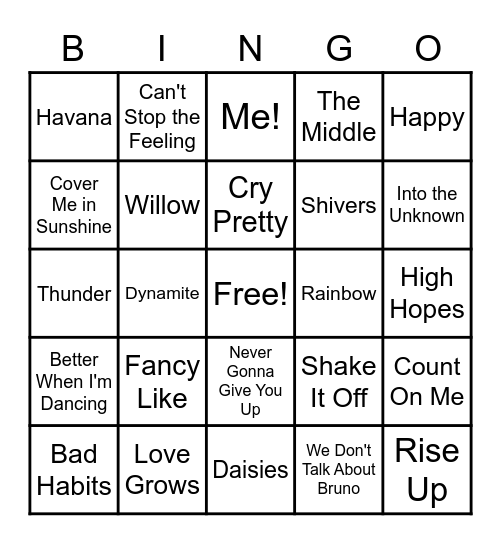 Pop Song BINGO Card