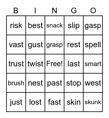 Words with Blends Bingo Card
