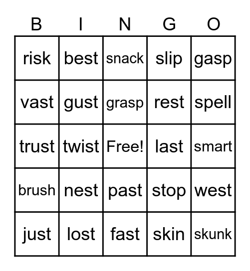 Words with Blends Bingo Card