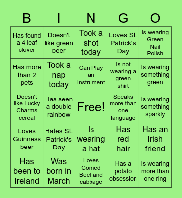 St. Patrick's Day Bingo Card
