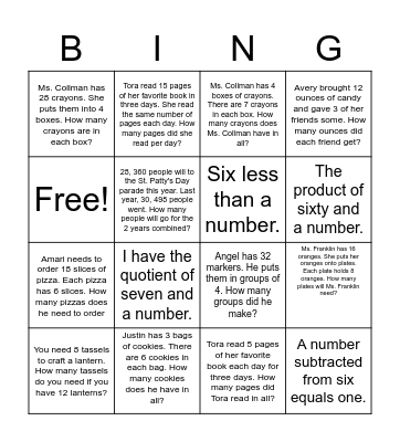 Word problems Bingo Card