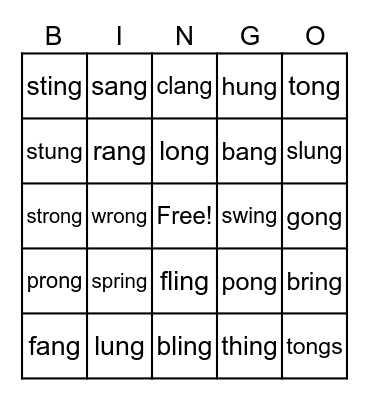 -ang, -ong, -ing, -ung Bingo Card