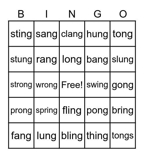 -ang, -ong, -ing, -ung Bingo Card