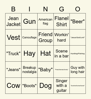 Country MV Bingo Card