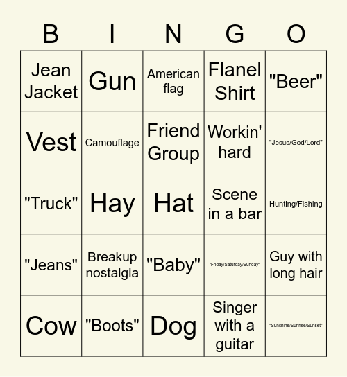 Country MV Bingo Card