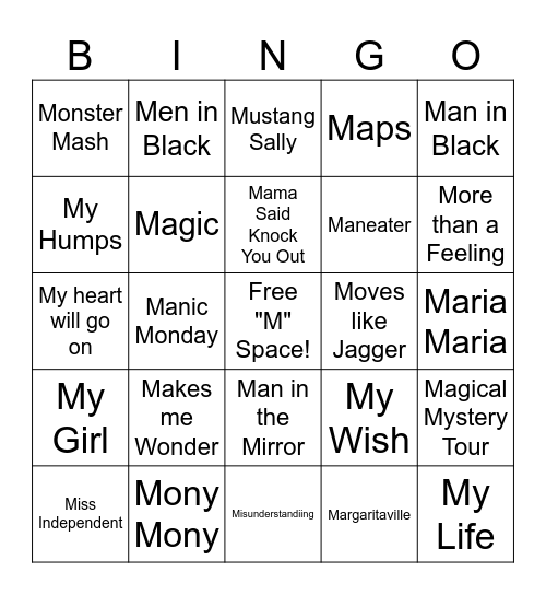 All "M" Songs Bingo Card