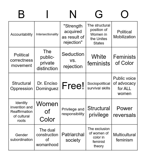 The Color of Privilege Bingo Card