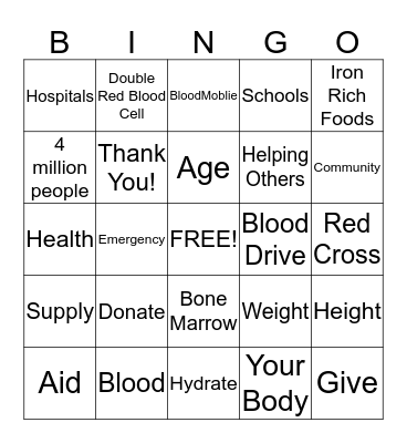 Red Cross Blood Drive Bingo Card