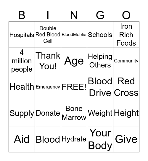 Red Cross Blood Drive Bingo Card