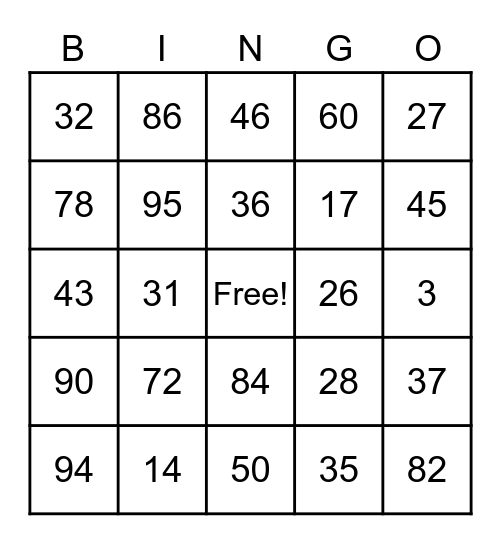Numbers 1-100 Bingo Card