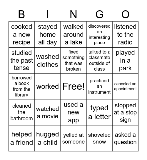 Simple Past Activities (Regular) Bingo Card