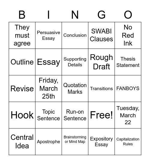 Writing Process Bingo! Bingo Card