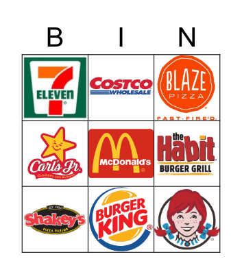 Restaurant Bingo Card